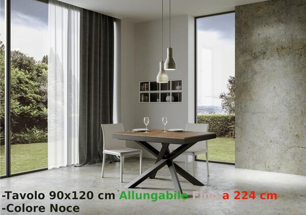 Tavolo Allungabile con 3 allunghe VOLANTIS EVOLUTION 90x120xh77 cm estensibile fino a 224 cm Allunghe da 52 cm, gambe in ferro verniciato colore Noce