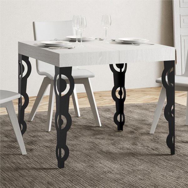 Tavolo Allungabile Quadrato Bianco Frassino Karamay 90x90xh77 cm estensibile fino a 246 cm tutto in legno di Frassino telaio antracite