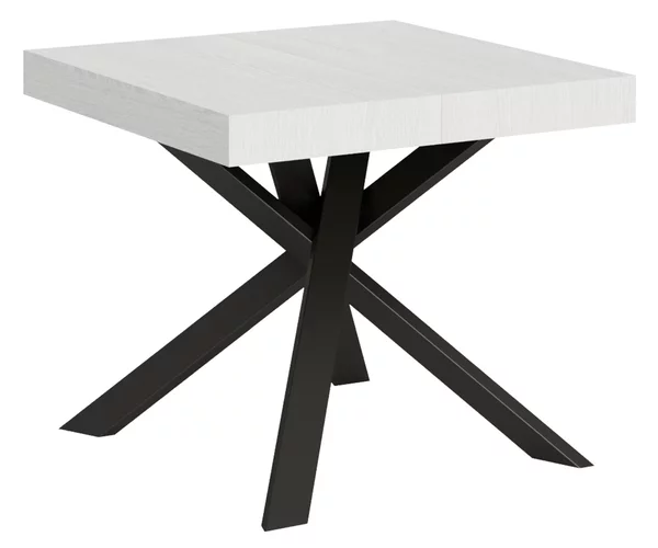 Tavolo Quadrato Allungabile Piano CLERK design Moderno Dimensioni 90x90xh77 cm estensibile fino a 194 cm - 2 allunghe Piano Gambe in Ferro bianco frassino
