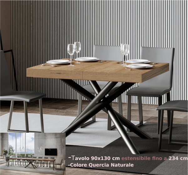 Tavolo Allungabile Piano Quercia Natura FAMAS 90x130xh77 cm estensibile fino a 234 cm tutto in legno di Frassino telaio antracite
