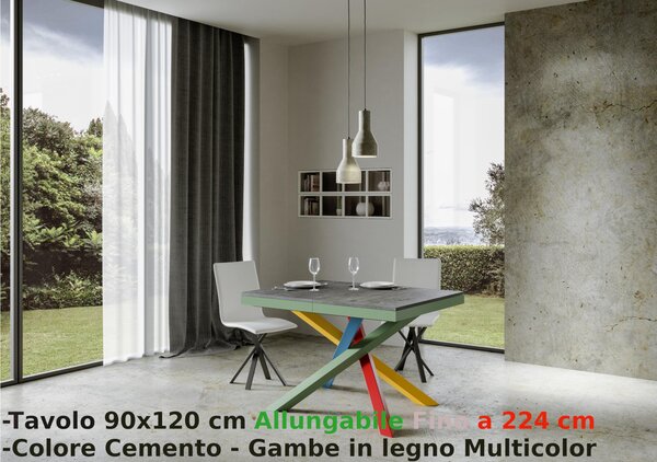 Tavolo Allungabile con 3 allunghe VOLANTIS MULTICOLOR 90x120xh77 cm estensibile fino a 224 cm Allunghe da 52 cm, gambe in Legno verniciato Multicolor piano colore CEMENTO
