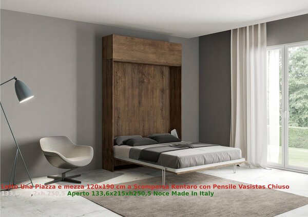 Letto a scomparsa Kentaro Una Piazza e Mezza con Pensile Vasistas Chiuso Occupa solo 39 cm di profondit�, Dimensioni chiuso 133,6x39,2xh250,5 cm struttura in legno colore Noce