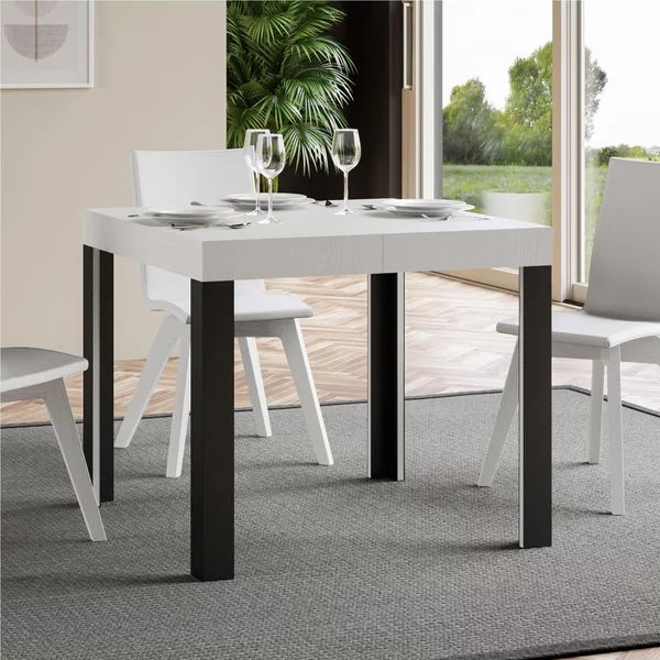 Tavolo Allungabile quadrato LINEA design Moderno Dimensioni 90x90xh77 cm estensibile fino a 246 cm piano in Legno di Frassino , Bianco Antracite