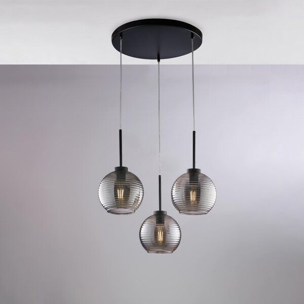 Sospensione Ankara H.41 - MAX 141 - �47 cm, Grigio Specchiato, Ferro Laccato Nero con Diffusori in Vetro Soffiato - 3 X E27 - 55 Watt Max