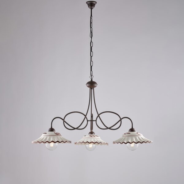 Lampadario in ferro laccato NERO RUGGINE e decorazione effetto Decap� A 3 luci MOD BISTROT Dimensioni 80x30x h 115 cm allungabile fino a 96 diffusori in vetro bianchi e MARRONE