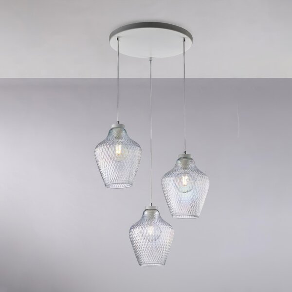 Sospensione Maya �47xH35-135 cm, Trasparente, Ferro Laccato e Vetro Soffiato, 3 Luci E27 - 55W Max