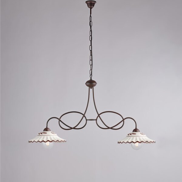 Lampadario in ferro laccato nero e decorazione effetto ruggine A 2 luci MOD BISTOT Dimensioni 98x30xh 55 cm allungabile fino a 96 diffusori in vetro o bianchi