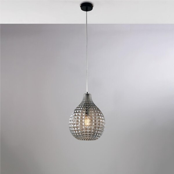 Sospensione in ferro laccato bianco e montatura cromo A 1 luci MOD DIAMANTE Dimensioni 21xh 32 cm allungabile fino a 132 diffusori in vetro Grigio Specchiato
