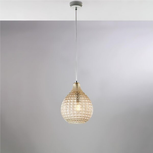 Sospensione in ferro laccato bianco e montatura cromo A 1 luci MOD DIAMANTE Dimensioni 21xh 32 cm allungabile fino a 132 diffusori in vetro Ambra