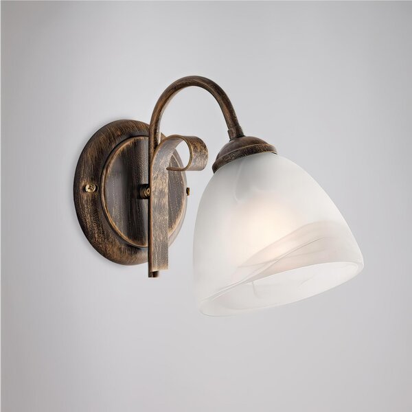 Applique da muro in ferro laccato marrone con decorazione oro antico FORGIATO Dimensione 23x23xh 20 cm sfere in Vetro alabastro bianco 1 luce