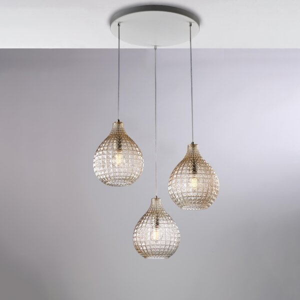 Sospensione Diamante �45xH32-132 cm, Ambra, in Ferro Laccato Bianco e Cromo, 3 X E27 - 55 Watt Max