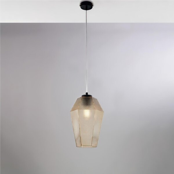 Sospensione in ferro laccato bianco e montatura cromo A 1 luce MOD PRISMA Dimensioni 21xh 35 cm allungabile fino a 135 diffusori in vetro Ambra
