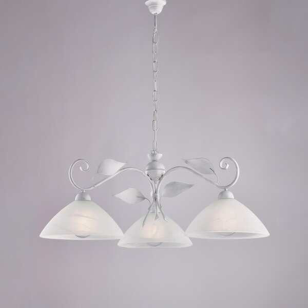 Lampadario Esse H.36 - MAX 96 - �79 cm, Bianco Argento, in Ferro Laccato con Decorazioni Argento Antico e Vetri Alabastro Bianchi