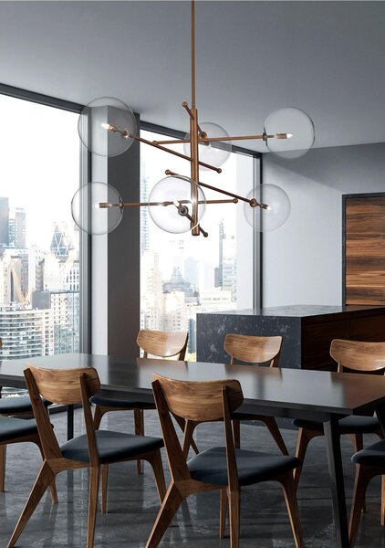 Lampada a sospensione con struttura in metallo brunito ESTRO 6 SFERE Dimensioni 110x65xh 70 MAX 110-130 cm G9 6x Max 40 Watt 7 kg e diffusori con sfere in vetro cristallo Trasparente