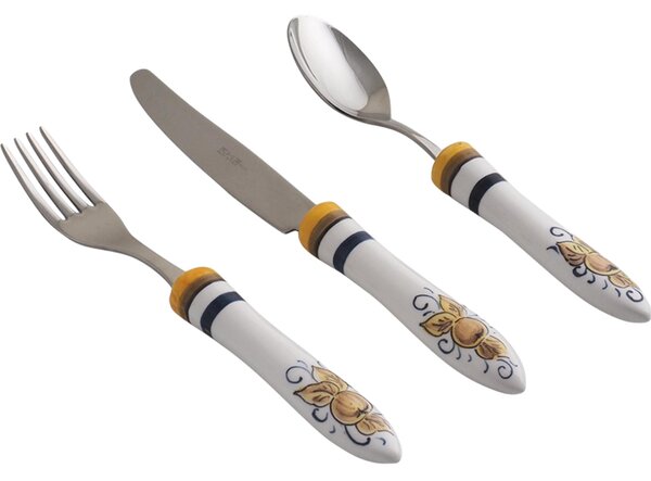 Posate Con manico in Ceramica bianca dipinta a mano Pesaro Set 3 pezzi Il manico � decorato con miniature di frutta in toni di bruno e riccioli di blu antico