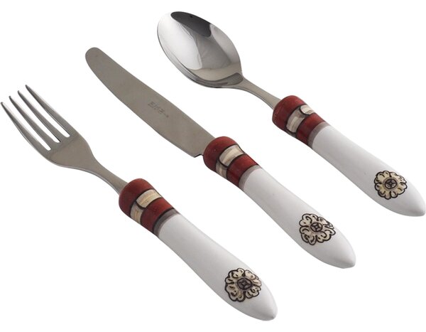 Posate con manico in Ceramica bianca dipinta a mano POMPEI Set 3 pezzi Il manico � decorato con miniature di frutta in toni di bruno e riccioli di blu antico
