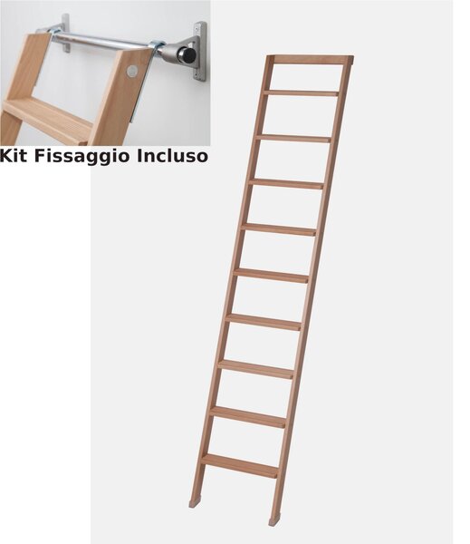 Scala da Appoggio UP 9 gradini Lunghezza 2,25 Mt in Faggio Massello Dimensioni 45x9x h 225 cm Peso7 Kg Con KIT INCLUSO colore legno bianco