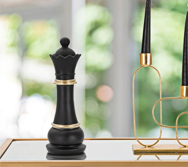Elegante scultura nera con finiture dorate REGINA DEGLI SCACCHI � 9xh 25,5 cm- colore oro e nero