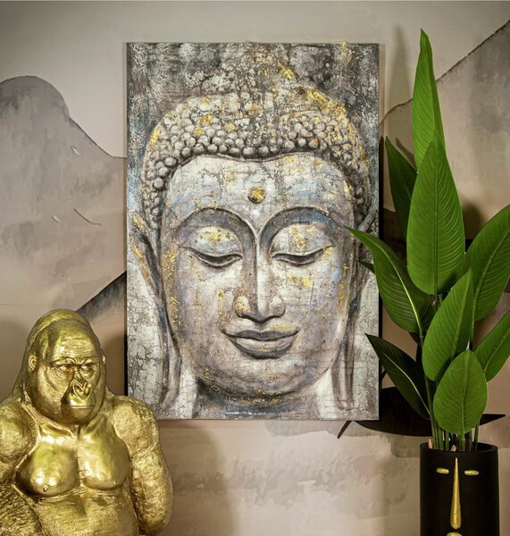 Dipinto su tela, quadro con telaio in legno il volto di Face Buddha 80x3x h 120 cm decoro raffigurante FACE BUDDHA multicolore