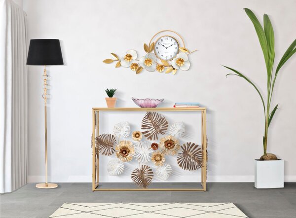 Orologio da Parete I n Ferro modello FLOW 92,5x8x45,5 cm in ferro colore oro design 3 D fiori e Fioglie