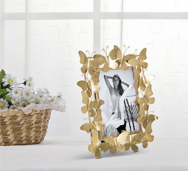 Porta foto cornice Butterfly Glam in Ferro decorato, Dimensioni 28x11,5x30,5 cm - misura interna cm 15x20 - in pollici 6x8, colore oro