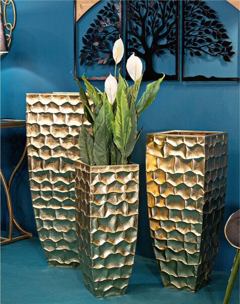 Set di 3 vasi in metallo dorato con eleganti decorazioni circolari in rilievo. NAIROBI, h 94-h 76-h 63 cm colore dorato