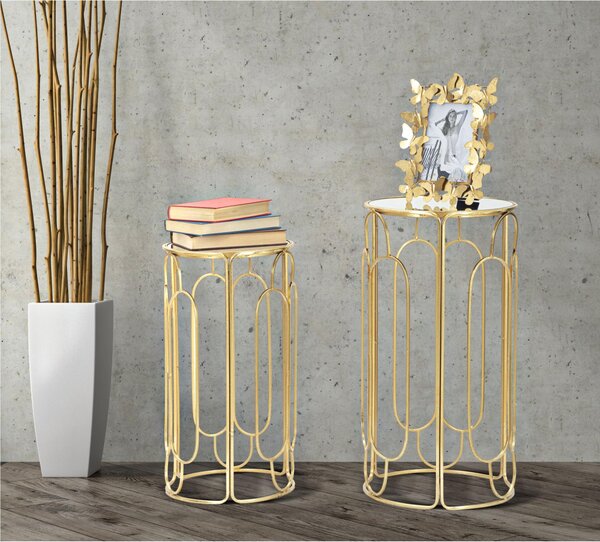 Porta telefono, Coppia Tavolinetti Rotondi, Comodino in metallo ARTY Dimensioni � 36,5x70-31x60cm in metallo ORO