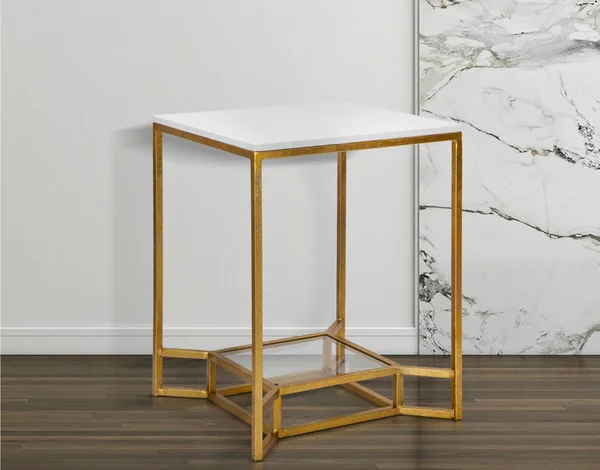 Tavolo da caff� quadrato con struttura in metallo dorato, DOUBLE MARBLE Dimensioni 47x47xh 60 cm, piano in marmo bianco