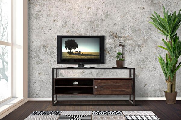 Mobile Porta TV in legno massello di acacia composta da 3 ripiani, BURN, Dimensioni 120x40xh 55 cm 3 ripiani e anta incorniciato