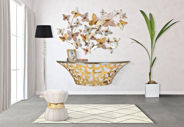 Consolle semicircolare da parete in metallo dorato con piano in vetro BUTTERFLIES Dimensioni 120x41x h 37,2 cm - Peso 9,0 kg Vetro temperato a specchio telaio oro
