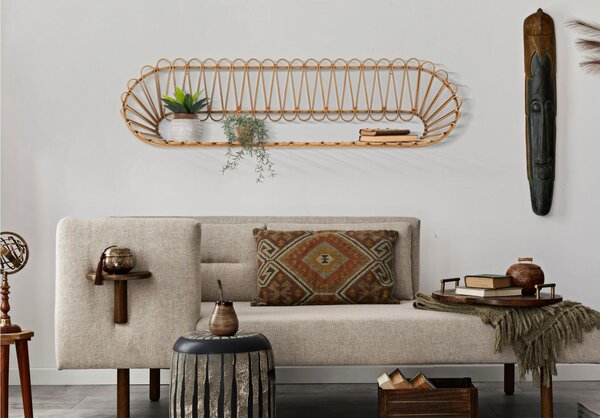 Mensola, Libreria da parete in Rattan ripiano avorio PANAMA 162x28x43,5 cm completa con appendiabiti