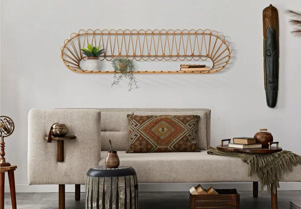 Mensola, Libreria da parete in Rattan ripiano avorio PANAMA 162x28x43,5 cm completa con appendiabiti
