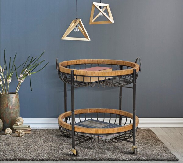 Carrello rotondo con struttura in metallo nero Dimensioni 57x55,5x62,5 cm Struttura con 2 ripiani e cestini e Rattan
