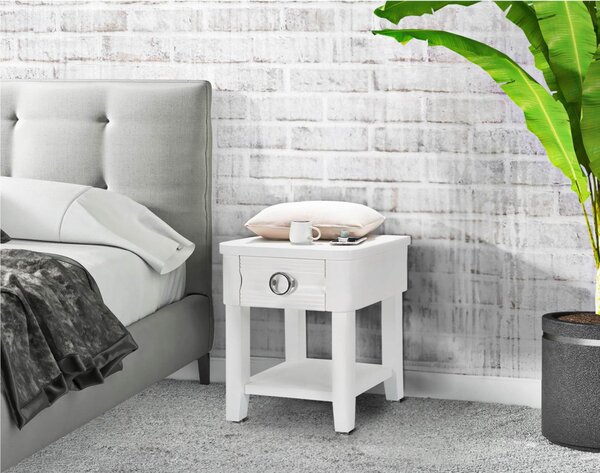 Comodino con cassetto e ripiano, SHINE, Dimensioni 45x40x h 54 cm - Peso 10.4 kg La struttura in legno colore bianco