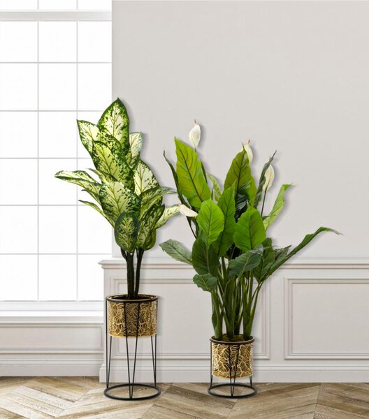 Portavasi coppia in metallo dorato Con intagli Foglie, HOLDER GOLVY Dimensioni � 21xh40 - 19xh22 cm portavasi e piedistallo in metallo oro