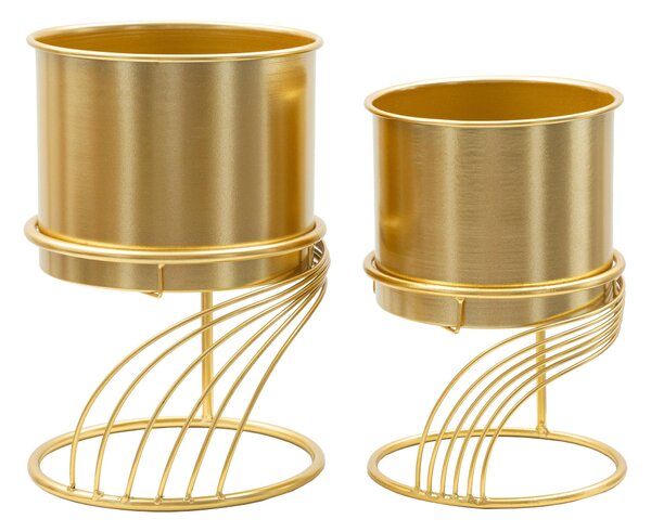 Set di due porta vasi in metallo dorato, rifinito con foglie intrecciate Dimensioni � 23x h 43-20x h 36cm portavasi e piedistallo in metallo oro