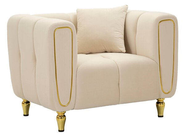 Poltrona crema con gambe dorate da assemblare, rivestito in velluto trapuntato ALMA CREAM Dimensioni 97x81xh 71 cm con cuscino colore Crema