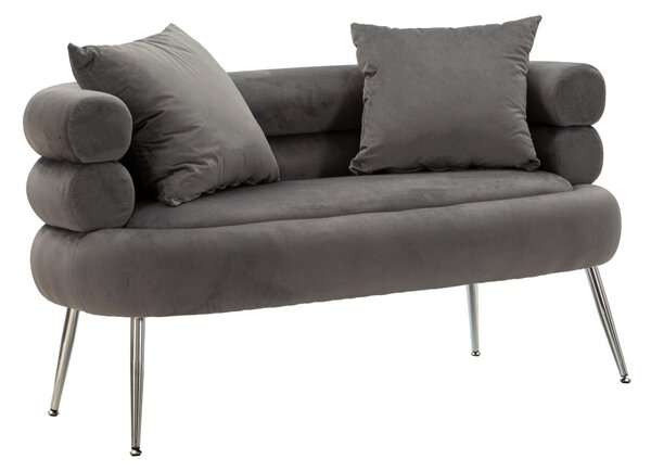 Sofa Divano due posti con gambe Argentate da assemblare, rivestito in velluto trapuntatoSILVERY PLUS Dimensioni 133x68xh69 cm con 2 cuscini colore Grigio