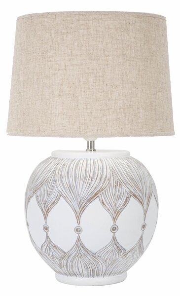 Lampada da tavolo in resina Rotonda Dimensioni � 38x h 59,5 cm in ceramica bianca design decorazioni lineari foglie