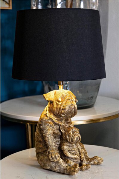 Lampada da tavolo in resina dorata a forma di coppia di cani Dimensioni 26xh 43,8 cm in resina dorata e paralume in tessuto nero