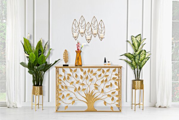 Porta candele da Muro in Metallo dorato design serie di foglie. HOLDER LEAF 60x14xh 56 cm design serie di foglie