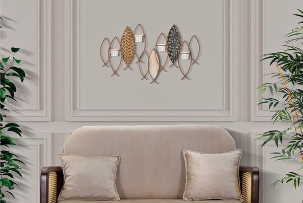 Porta candele da Muro in Metallo dorato design serie di Pesci FISH 60x14xh 56 cm design serie di Pesci 4 candele multicolor