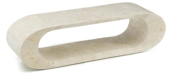 Tavolino Porta TV Tito, Linea Stone Decor E5, 130x35x35h cm, Finitura Beige, Base in Pietra Fossile White Agata, Struttura Interna in Compensato Marino