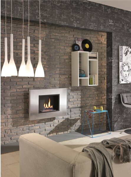 Biocamino da Parete WINTER J. struttura in Acciaio Satinato 90x26xh 50 cm - peso 12kg Riscalda 20 MQ Potenza 2 Kw/h colore Grigio cromo