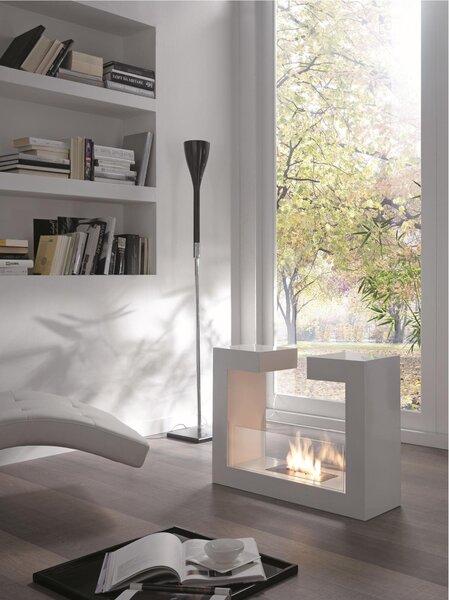 Biocamino da terra di design TETE A TETE struttura in metallo verniciato e vetro temperato 78x25xh 58 cm - peso 23kg Riscalda 20 MQ Potenza 2 Kw/h colore bianco