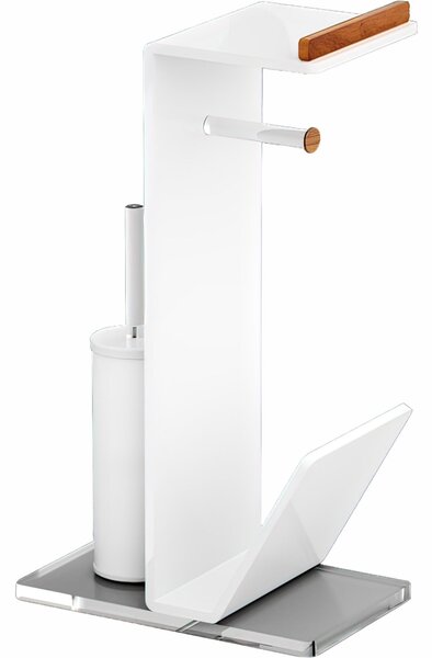 Piantana Porta rotolo/Porta scopino / porta riviste da terra in plexiglass BRIGHT Dimensioni 33x20xh 55 cm colore trasparente con inserti in Teak colore Bianco