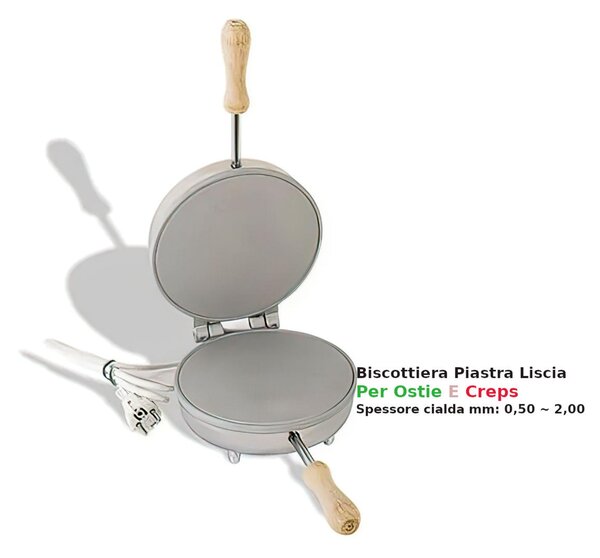 Biscottiera elettrica tonda per Ferratelle con piastra liscia per Ostie e Crepes Dimensione 23,5x19x h 11 cm 600 Watt 3,0 kg Spessore Creps mm: 0,50 ~ 2,00