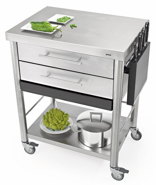 Carrello da cucina in acciaio inox con due cassetti due piani, tagliere dimensioni 70x50x h 90 cm peso 47 kg con tagliere piano da lavoro in acciaio inox robusto e resistente