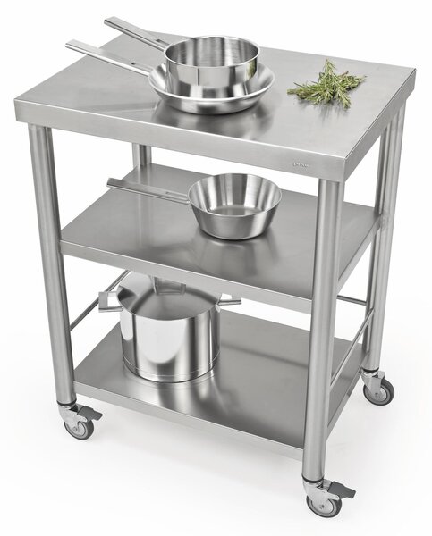 Carrello da cucina in acciaio inox della serie Auxilium con due ripiani senza cassetto, dimensioni 70x50x h 90 cm peso 23 kg con tagliere in acciaio inox