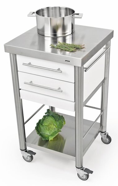 Carrello da cucina in pietra acrilica bianca con due cassetti tagliere aggiuntivo, dimensioni 50x50x h 90 cm peso 36 kg con tagliere in polietilene bianca